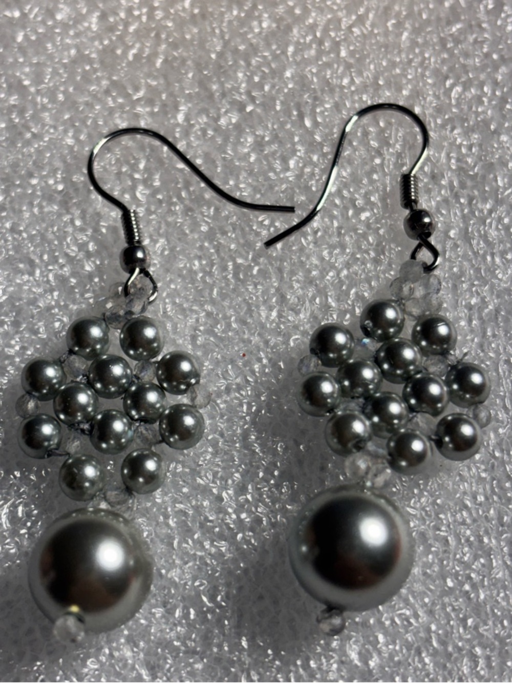 Handmade Gray Shell Pearls and Gray Labradorite beaded drop earrings 2 inches